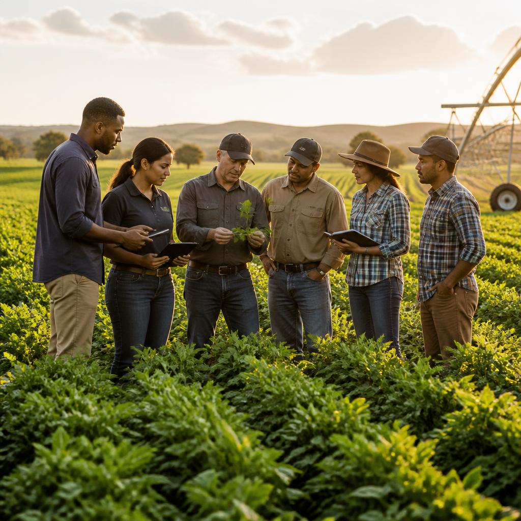 Agricultural advisors and farmers reviewing crops together in a green field