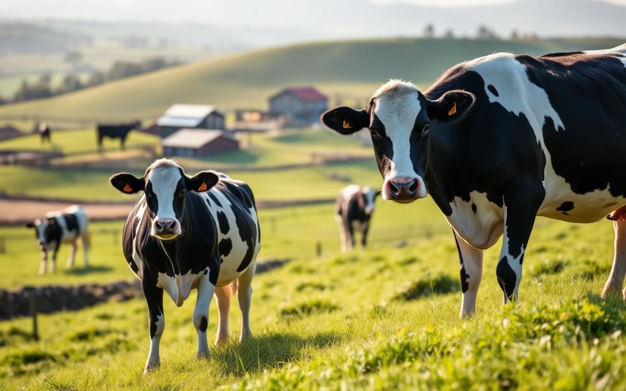 Irish dairy farm with Holstein cows on rolling green hills