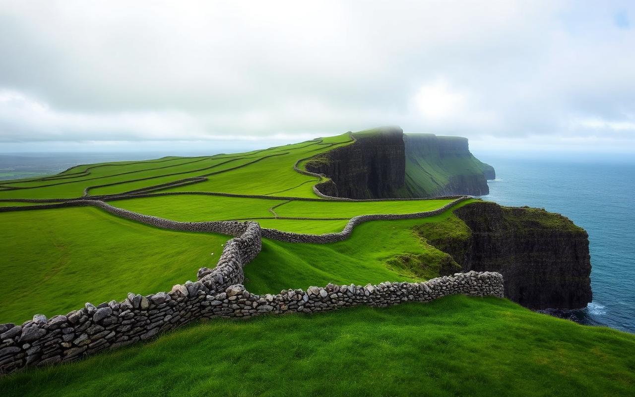 Green Irish countryside with stone walls overlooking the Atlantic coast