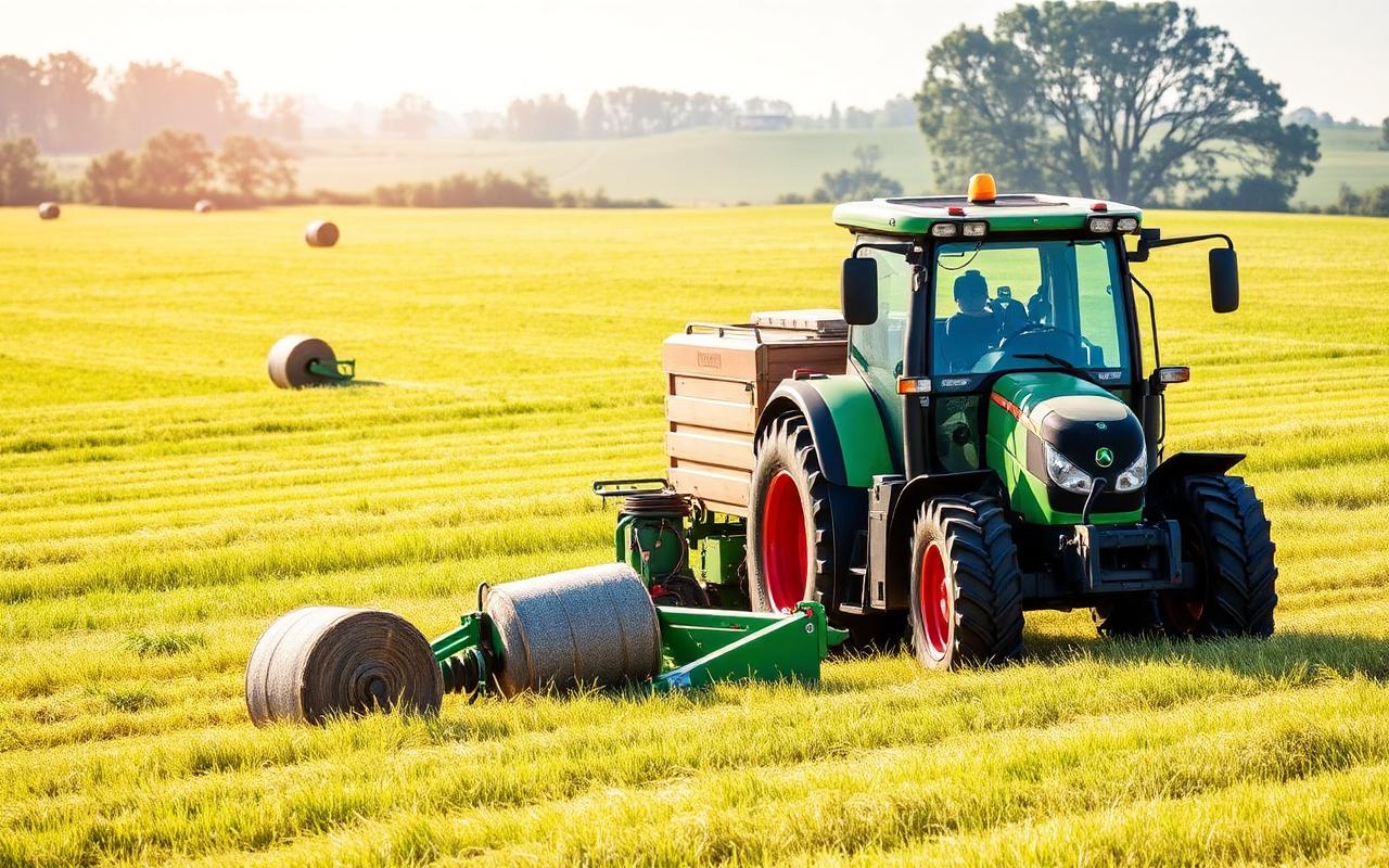 Agricultural machinery baling hay in an Irish field