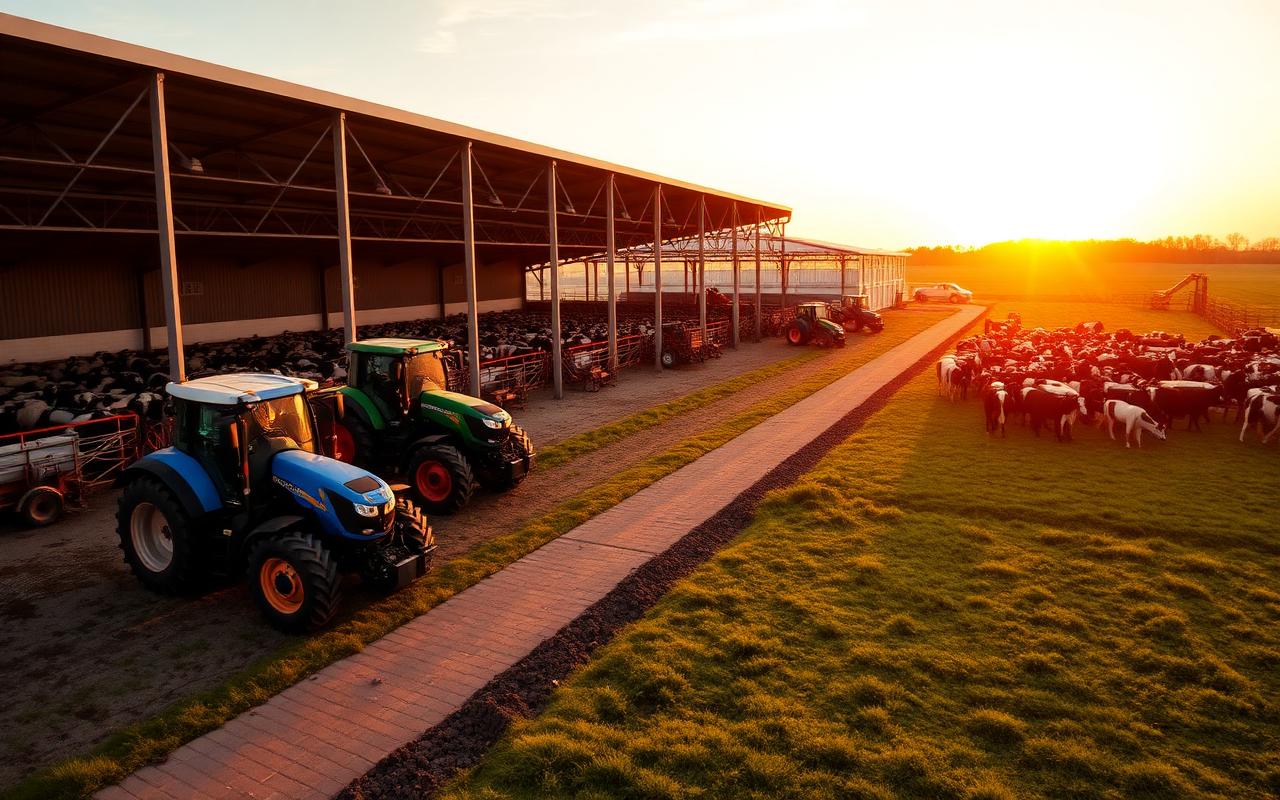 Modern dairy farm with tractors and livestock at sunrise