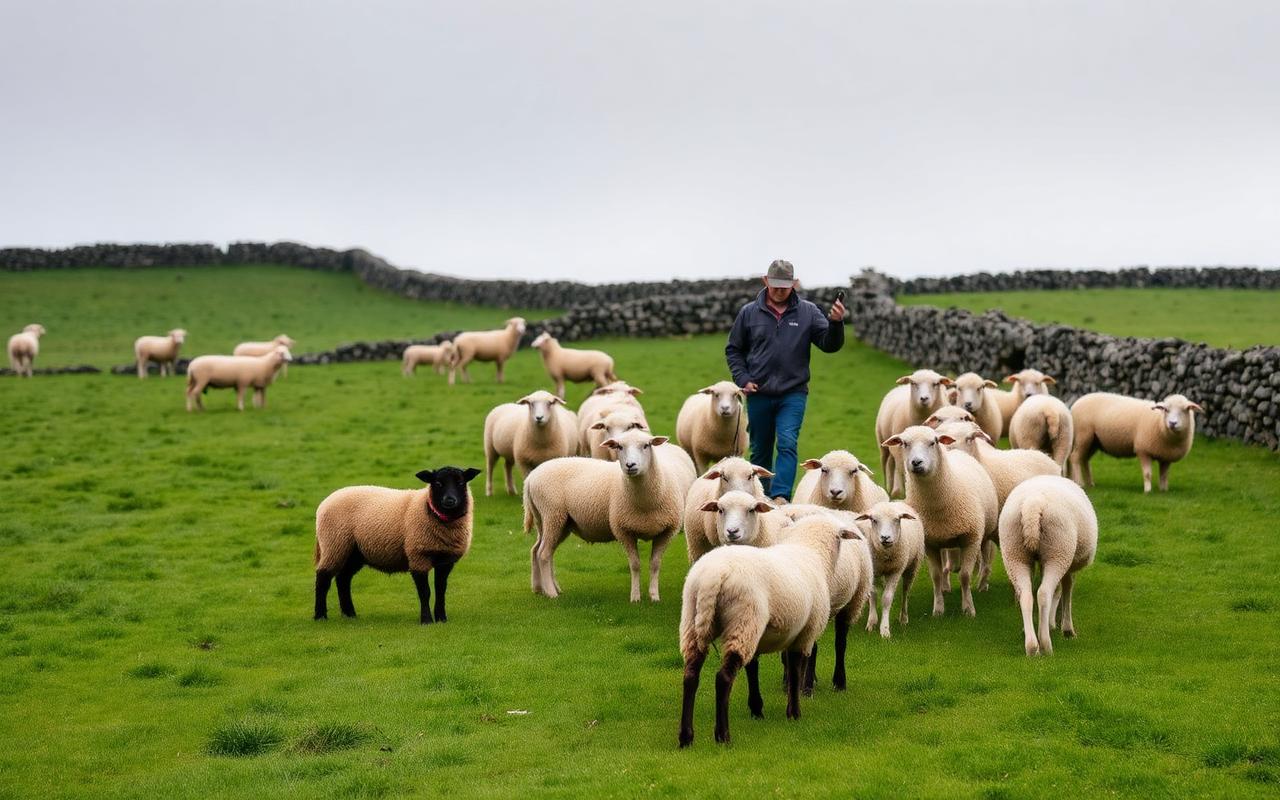 Irish sheep farm with flock grazing beside traditional stone walls