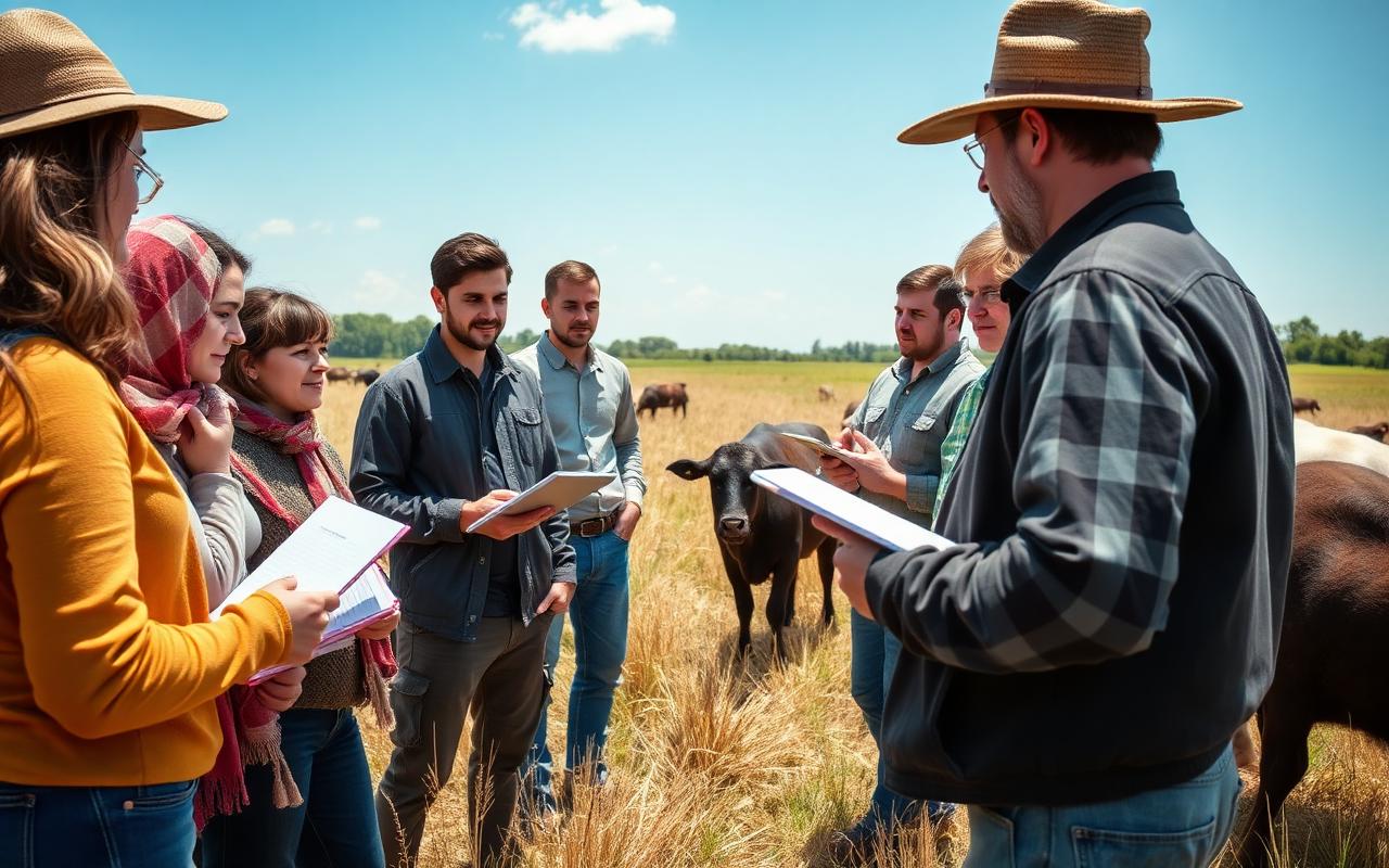 Students learning from a farmer in a livestock field