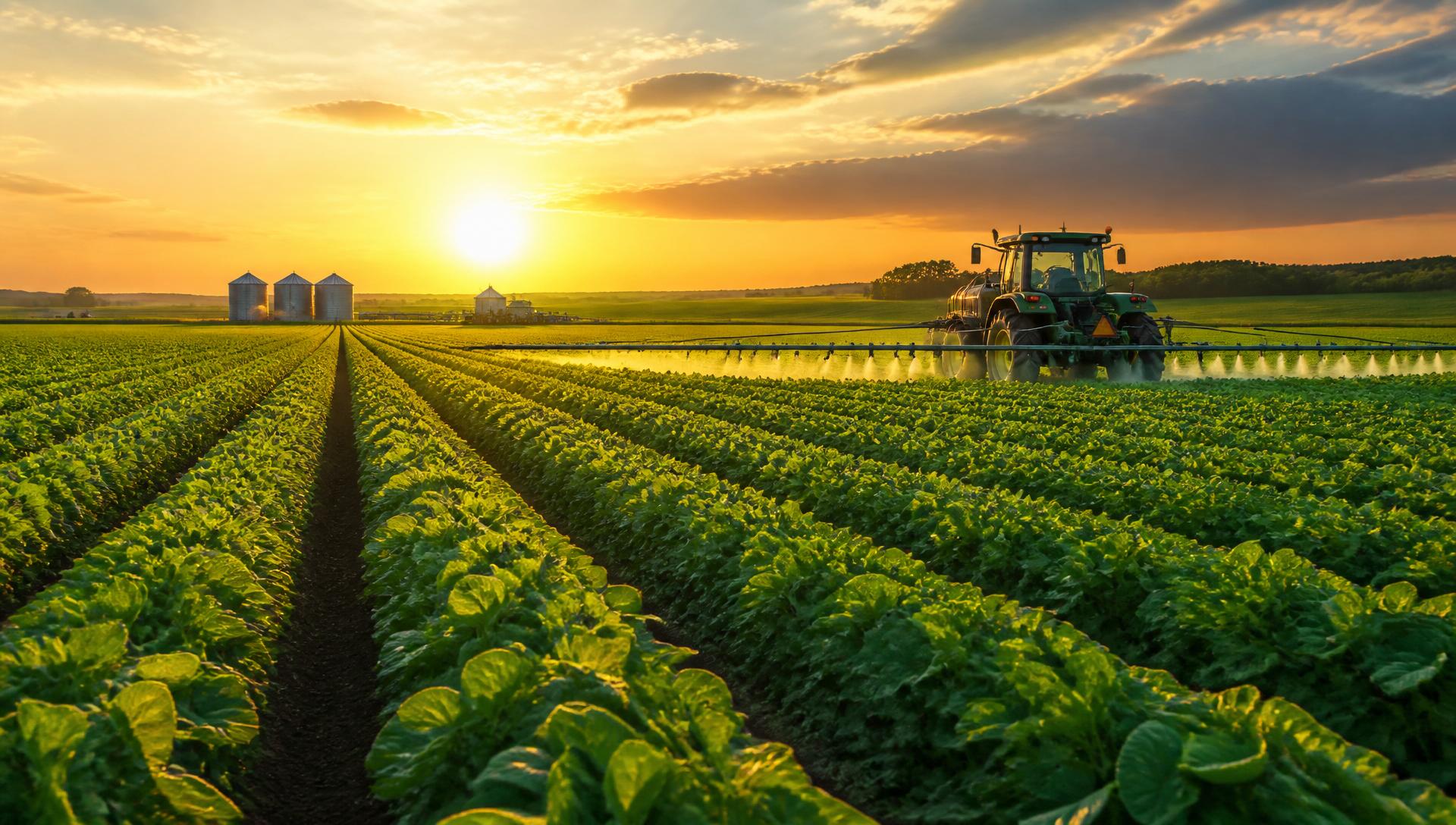 Lush green farm at sunrise with modern irrigation across rows of crops
